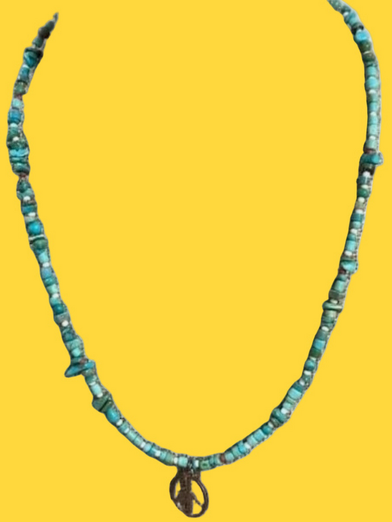 Peyote Bird Jewelry - RARE Peyote Bird Turquoise & 925 Sterling Silver Beaded Peace Sign Necklace